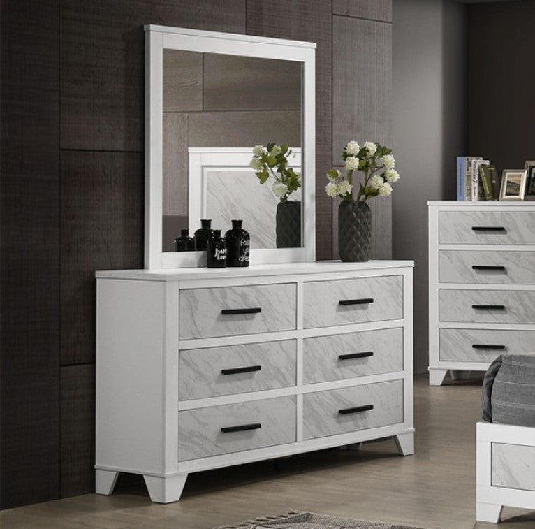 Arden White Faux Marble Panel Dresser