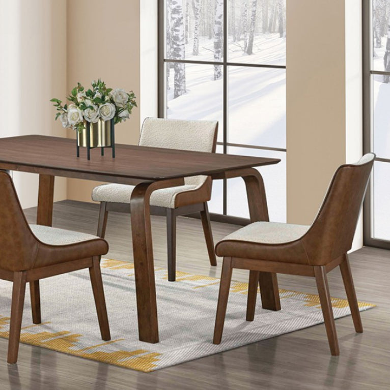 Abram Mid Century Modern Walnut Dining Chair A modern dining chair with a cream textured fabric upholstered seat and backrest, supported by a light wood frame and dark brown tapered legs, set against a neutral gray wall and wood-look floor.