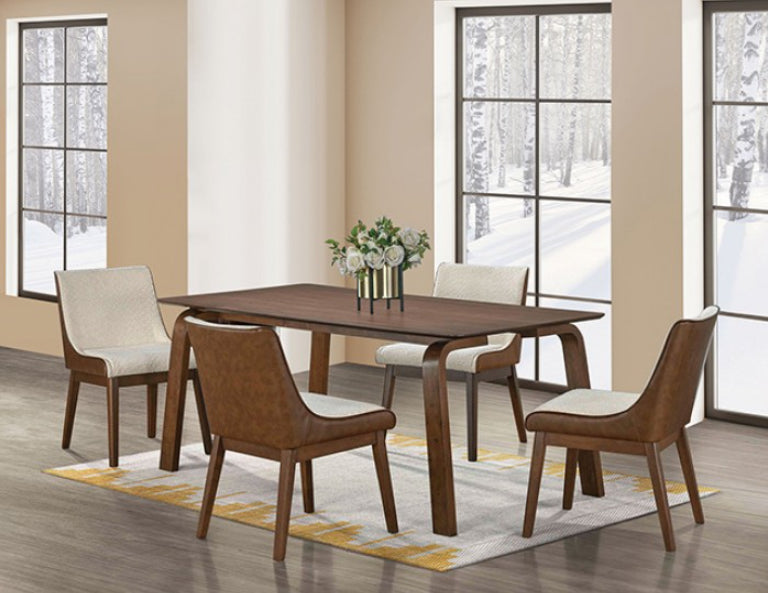 Abram Mid Century Modern Walnut Dining Table A 5-piece dining room set featuring a rectangular dark brown wood table and four matching chairs with brown leather-look backs and cream fabric seats, arranged on a yellow and white patterned rug in a bright room with large windows showing a snowy outdoor view.