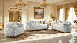 Adriana Glam Beige Sofa Button Diamond Pleated Tufting Luxurious living room with white tufted sofas, chandeliers, and decorative elements.