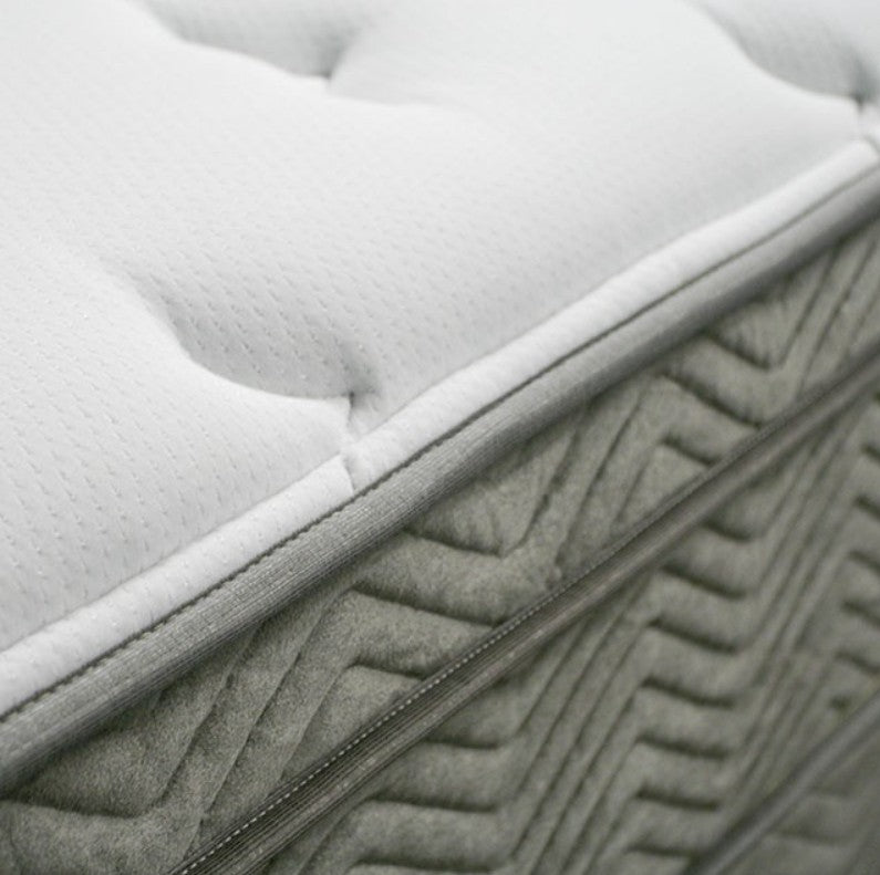 Afton Pocket Coil Euro Box 12 Multi Layer Foam Mattress A single mattress shown at an angle on a plain white background, with a quilted white top and a dark gray textured side and base. Small text below reads '*foundation sold separately.