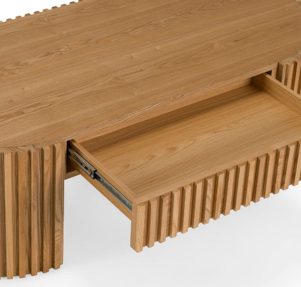 Agata Coffee Table - Natural Ash Finish Wooden desk with a drawer open on a white background