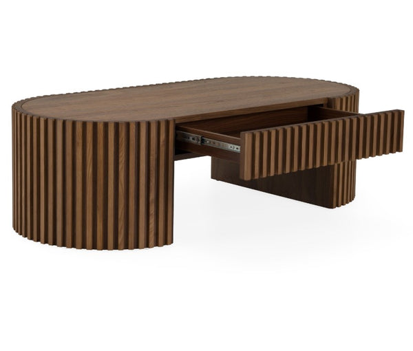 Agata Modern Style Walnut Desk Wooden desk with a ribbed design and open drawer on a white background