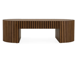 Agata Modern Style Walnut Desk Wooden coffee table with a slatted design on a white background
