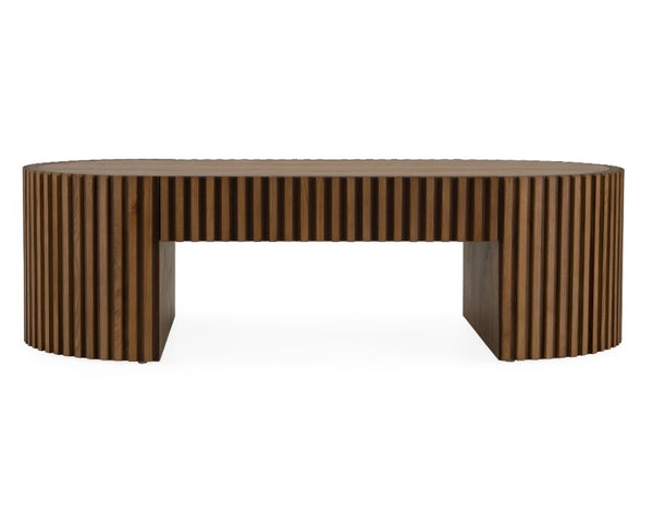 Agata Coffee Table - Walnut Finish Wooden coffee table with a slatted design on a white background