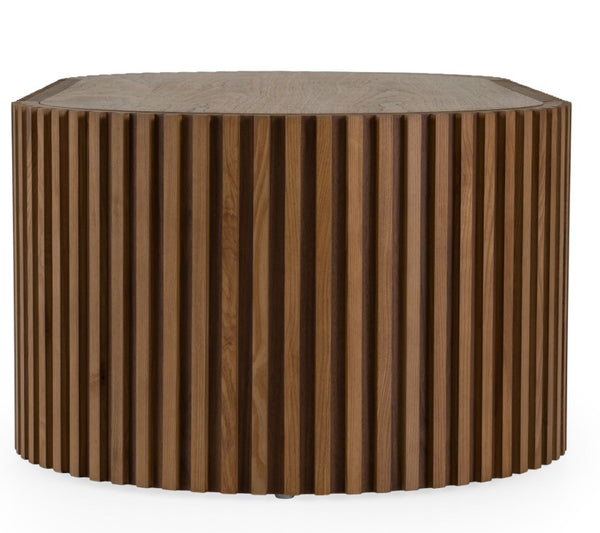 Agata Modern Style Walnut Desk Wooden side table with a ribbed texture on a white background
