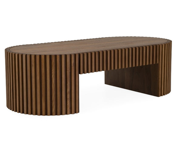 Agata Coffee Table - Walnut Finish Wooden coffee table with a slatted design on a white background