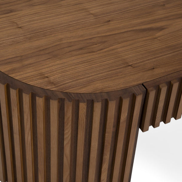  Wooden table with a ribbed edge design on a white background
