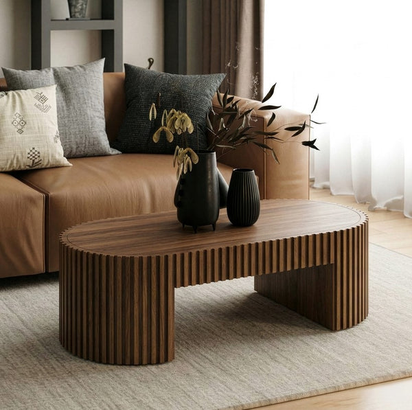 Agata Modern Style Walnut Desk Wooden coffee table with decorative vases in a living room setting