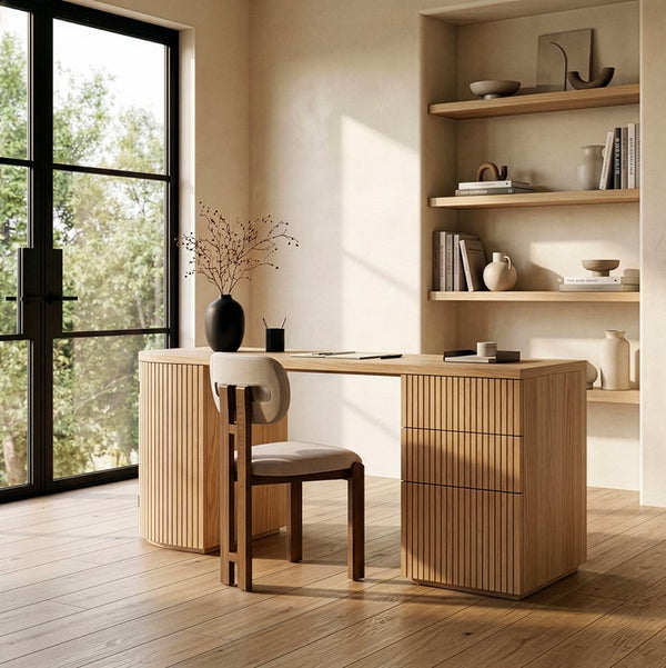 Agata Modern Style Natural Ash Desk Modern home office with wooden desk and chair, large window, and shelves.