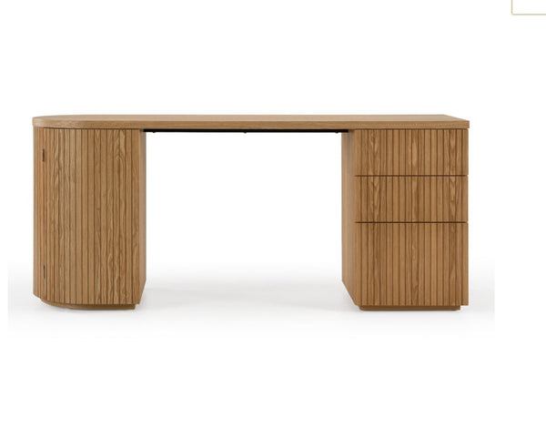 Agata Modern Style Natural Ash Desk Wooden desk with two drawers on a white background