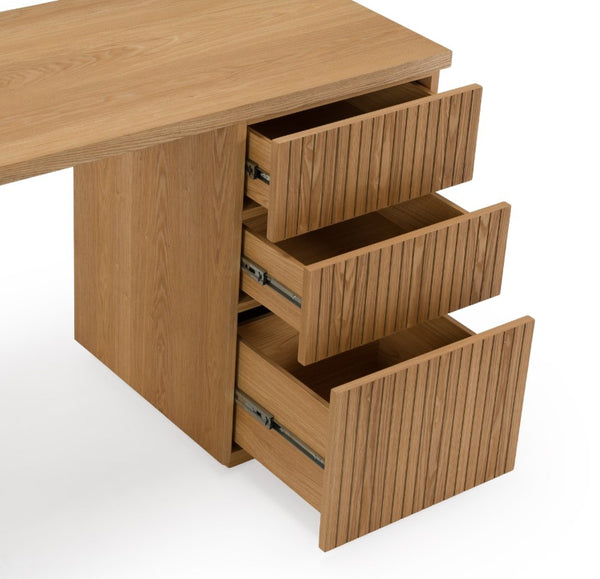 Agata Modern Style Natural Ash Desk Wooden desk with open drawers on a white background