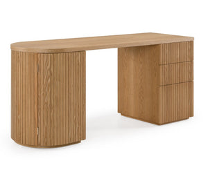Agata Modern Style Natural Ash Desk Wooden desk with three drawers on a white background