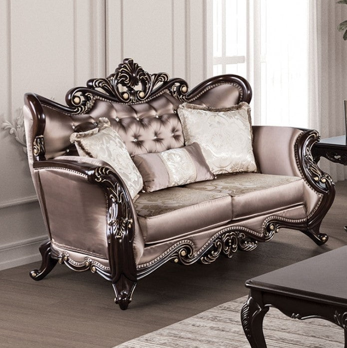 Albert Traditional Velvet Fabric Brown Loveseat Decorative sofa with intricate carvings in a room setting