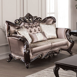 Albert Traditional Velvet Fabric Brown Loveseat Decorative sofa with intricate carvings in a room setting