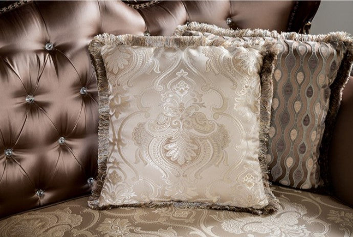 Albert Traditional Velvet Fabric Brown Sofa Decorative sofa with intricate carvings in a room setting