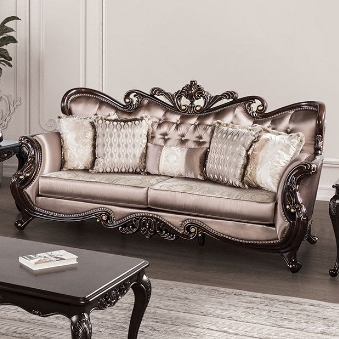 Albert Traditional Velvet Fabric Brown Sofa Decorative sofa with intricate carvings in a room setting