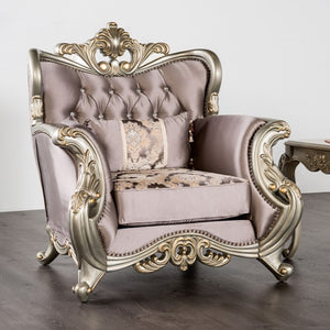 Albert Traditional Velvet Fabric Champagne Purple Chair Luxurious armchair with ornate gold detailing on a neutral background