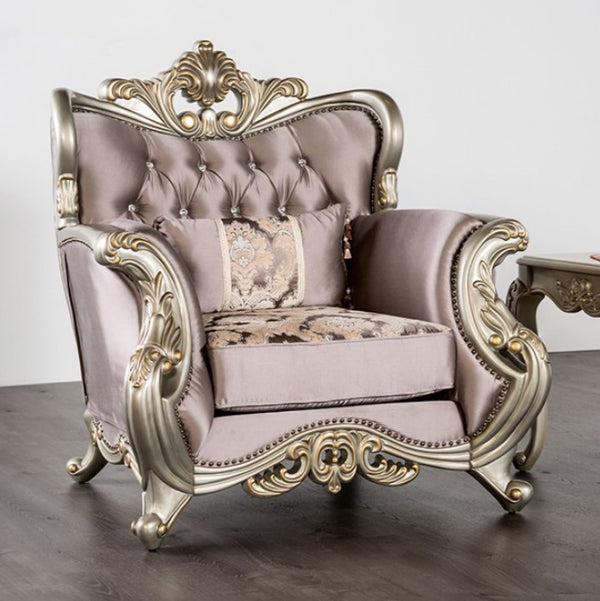 Albert Traditional Velvet Fabric Champagne Purple Chair Luxurious armchair with ornate gold detailing on a neutral background