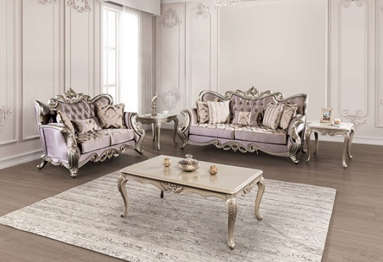 Albert Traditional Velvet Fabric Champagne Purple Chair Luxurious armchair with ornate gold detailing on a neutral background