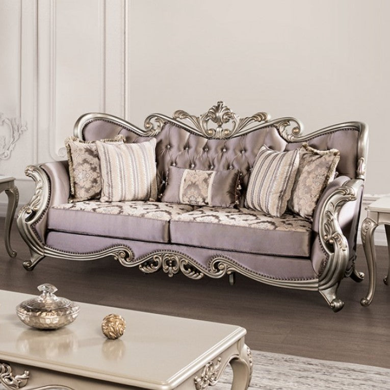 Albert Traditional Velvet Fabric Champagne Purple Sofa Decorative sofa with ornate carvings in a room with a coffee table.