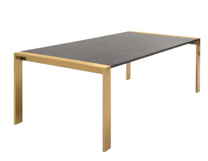 Alessa Modern Dining Table - Brass & Wenge Rectangular table with dark surface and light wooden legs on a white background