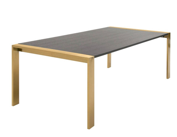 Alessa Modern Dining Table - Brass & Wenge Rectangular table with dark surface and light wooden legs on a white background