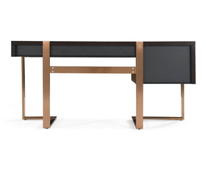 Alessa Modern Storage Home Office Desk - Brass & Wenge Modern desk with black top and wooden frame on a white background