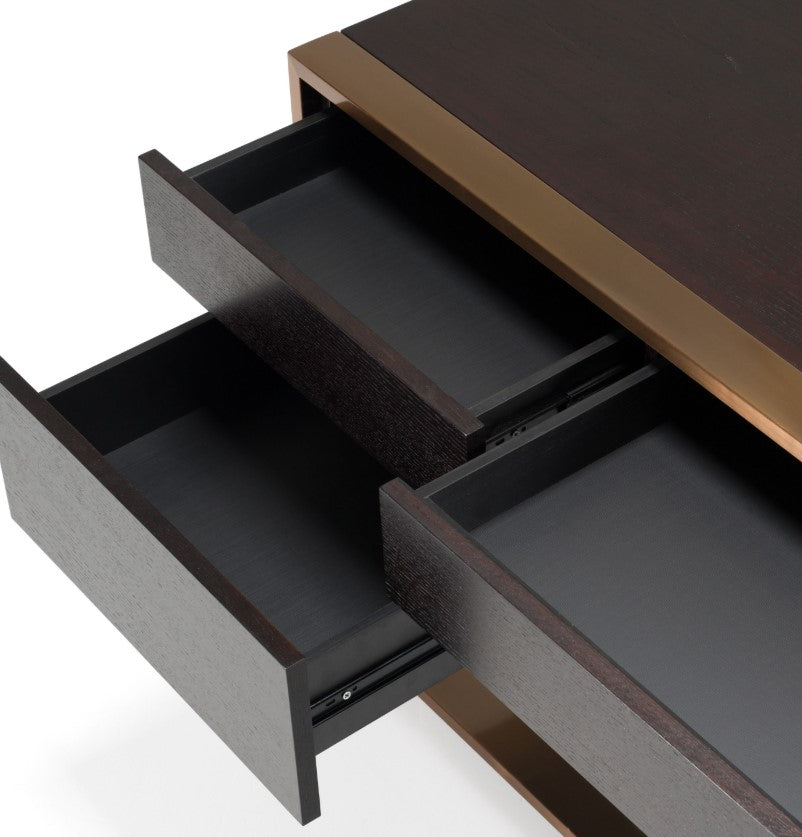 Alessa Modern Storage Home Office Desk - Brass & Wenge Modern desk with black top and bronze legs on a white background