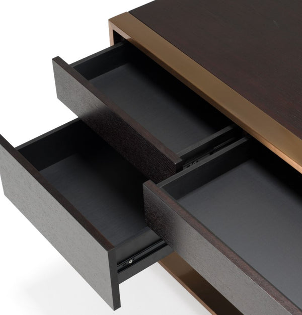 Alessa Modern Storage Home Office Desk - Brass & Wenge Wooden desk with open drawers on a white background