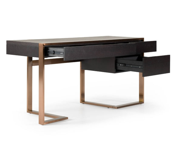Alessa Modern Storage Home Office Desk - Brass & Wenge Modern desk with dark surface and bronze legs on a white background