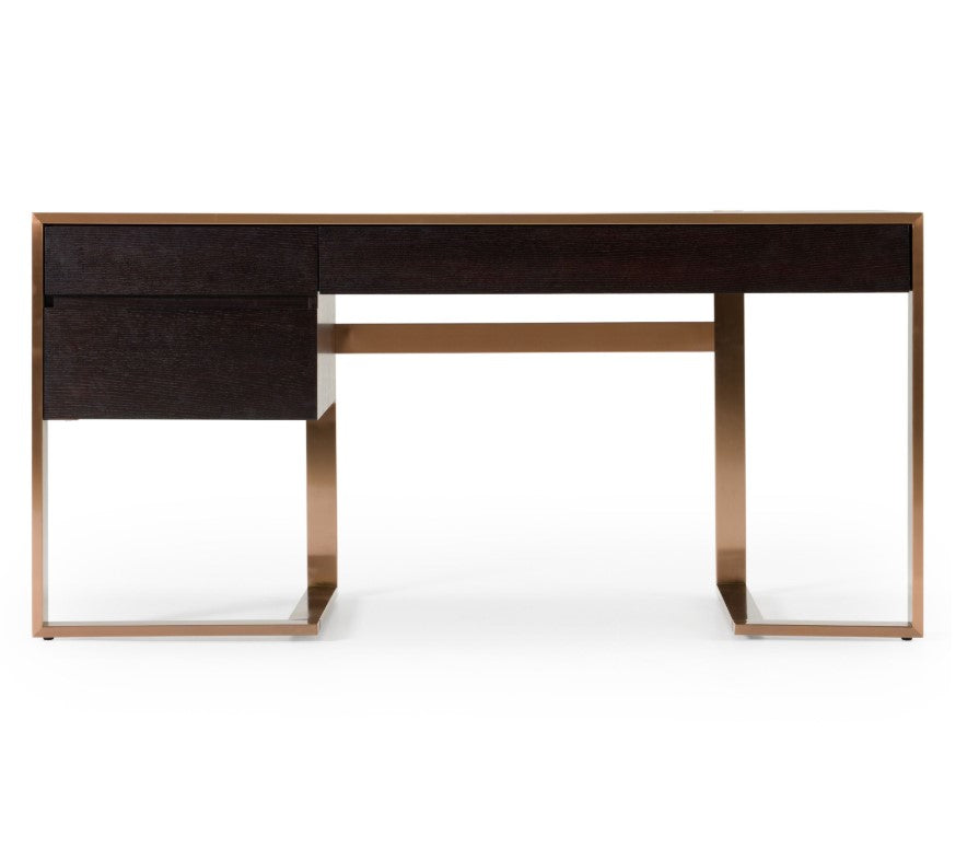 Alessa Modern Storage Home Office Desk - Brass & Wenge Modern desk with black top and bronze legs on a white background