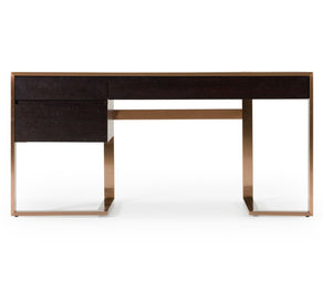 Alessa Modern Storage Home Office Desk - Brass & Wenge Modern desk with dark wood finish and bronze metal legs on a white background