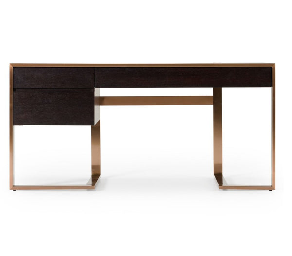 Alessa Modern Storage Home Office Desk - Brass & Wenge Modern desk with dark wood finish and bronze metal legs on a white background