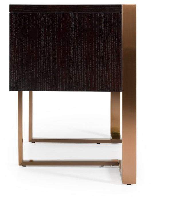 Alessa Modern Storage Home Office Desk - Brass & Wenge Dark wood side table with bronze metal legs on a white background