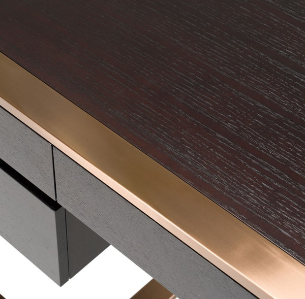 Alessa Modern Storage Home Office Desk - Brass & Wenge Close-up of a desk with dark wood surface and gold trim