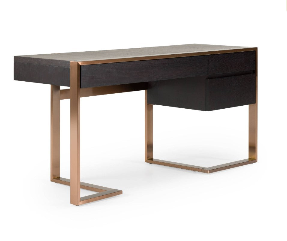 Alessa Modern Storage Home Office Desk - Brass & Wenge Modern desk with black top and bronze legs on a white background