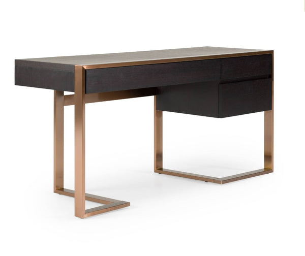 Alessa Modern Storage Home Office Desk - Brass & Wenge Modern desk with black top and bronze legs on a white background