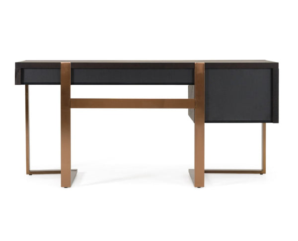 Alessa Modern Storage Home Office Desk Modern desk with black top and bronze frame on a white background