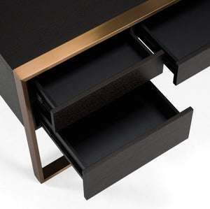 Alessa Modern Storage Home Office Desk Close-up of a dark wooden dresser with open drawers on a white background
