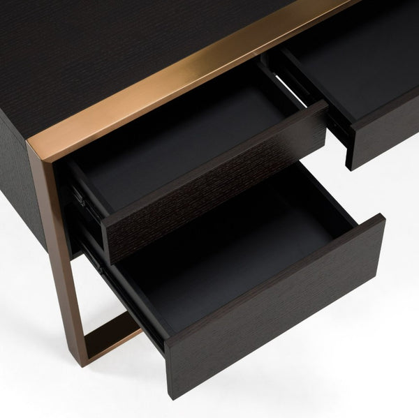 Alessa Modern Storage Home Office Desk Close-up of a dark wooden dresser with open drawers on a white background
