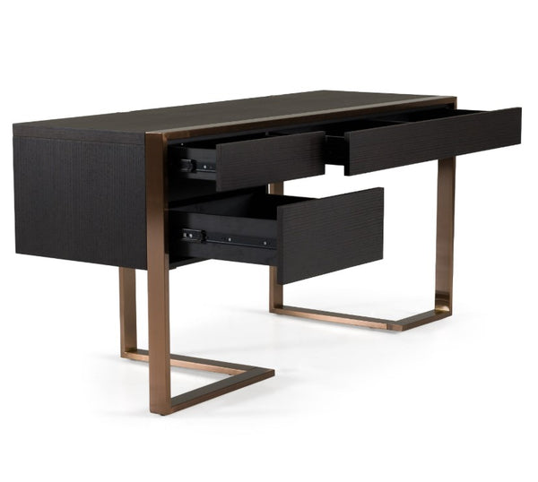 Alessa Modern Storage Home Office Desk Black desk with bronze legs on a white background