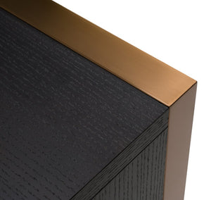 Alessa Modern Storage Home Office Desk Close-up of a black cabinet with a gold trim on a white background