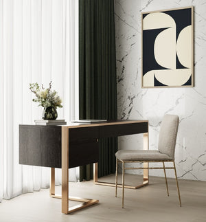 Alessa Modern Storage Home Office Desk Modern desk with gold legs and a chair in a stylish room with abstract art on the wall.