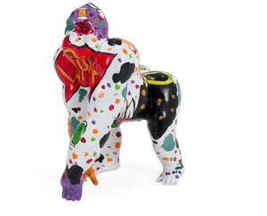 Alexi Multi Color Graffiti Gorilla Sculpture A stylized gorilla sculpture or figurine with a white base covered in colorful graffiti-style paint splatters, patches, and lettering, shown against a plain white background.