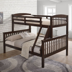 Alfra Slat Design Cherry Solid Hardwood Bunk Bed Wooden bunk bed in a room with white brick walls and a gray rug.