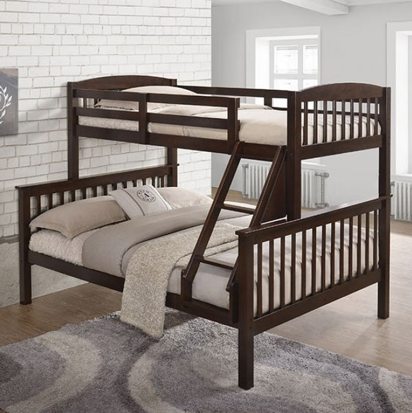 Alfra Slat Design Cherry Solid Hardwood Bunk Bed Wooden bunk bed in a room with white brick walls and a gray rug.