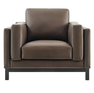Amadeo Espresso Vegan Leather Modern Chair Brown leather armchair on a white background