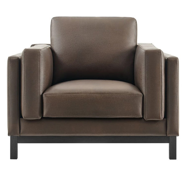 Amadeo Espresso Vegan Leather Modern Chair Brown leather armchair on a white background