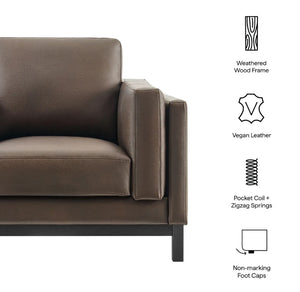 Amadeo Espresso Vegan Leather Modern Chair Brown sofa with features listed on a white background